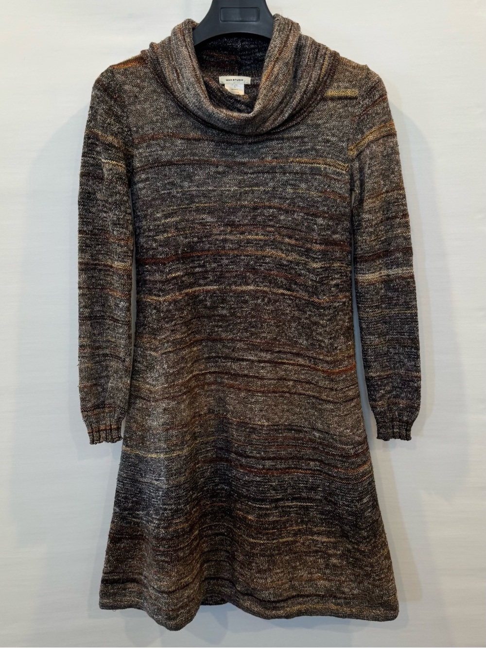 Max Studio Cowl Neck Brown Tan Space Dye Knit Long Sleeve Sweater Dress